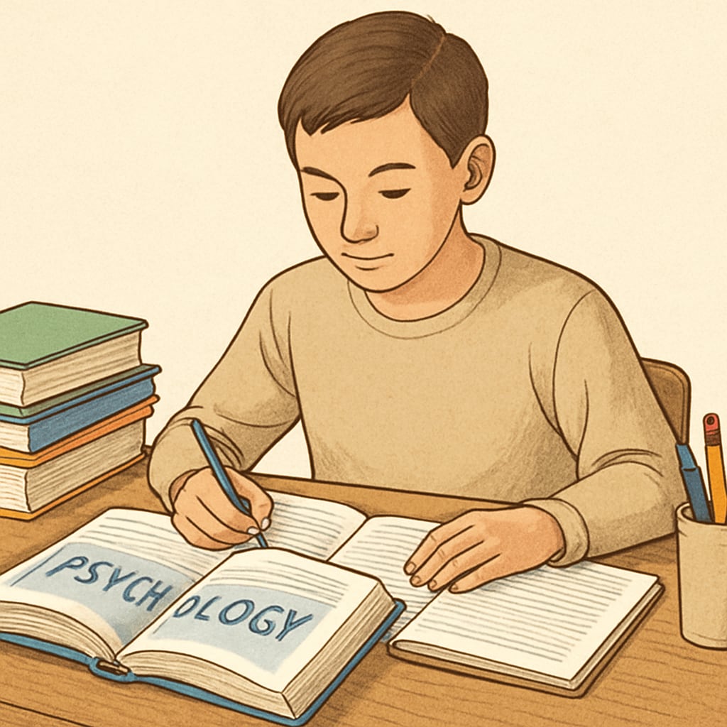 A student reading a psychology book while taking notes, representing the integration of self-discovery and education. A young student studying psychology and philosophy through reading and note-taking.