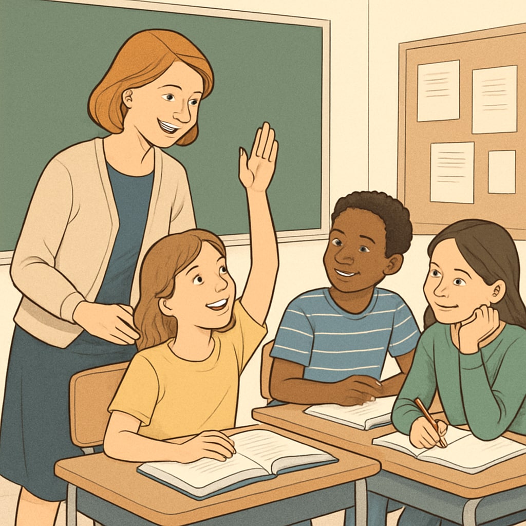 A supportive classroom environment with a teacher encouraging students, showcasing the balance between rigor and care. Balanced education approach in a supportive classroom environment.