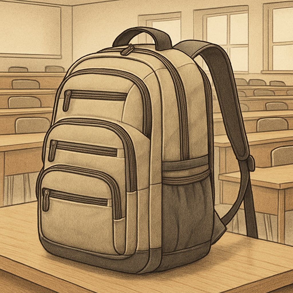A durable college backpack with multiple compartments placed on a desk in a university lecture hall. Durable college backpack with compartments, ideal for students.