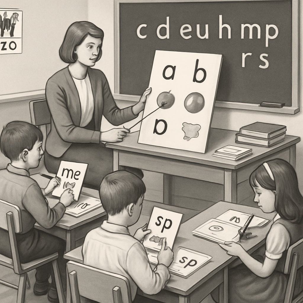 A vintage classroom image showing children learning with Initial Teaching Alphabet materials. Children learning with Initial Teaching Alphabet materials in a classroom.