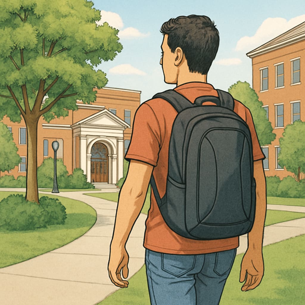 A college student wearing a sleek black backpack while walking through a campus. College student with a stylish backpack on campus.