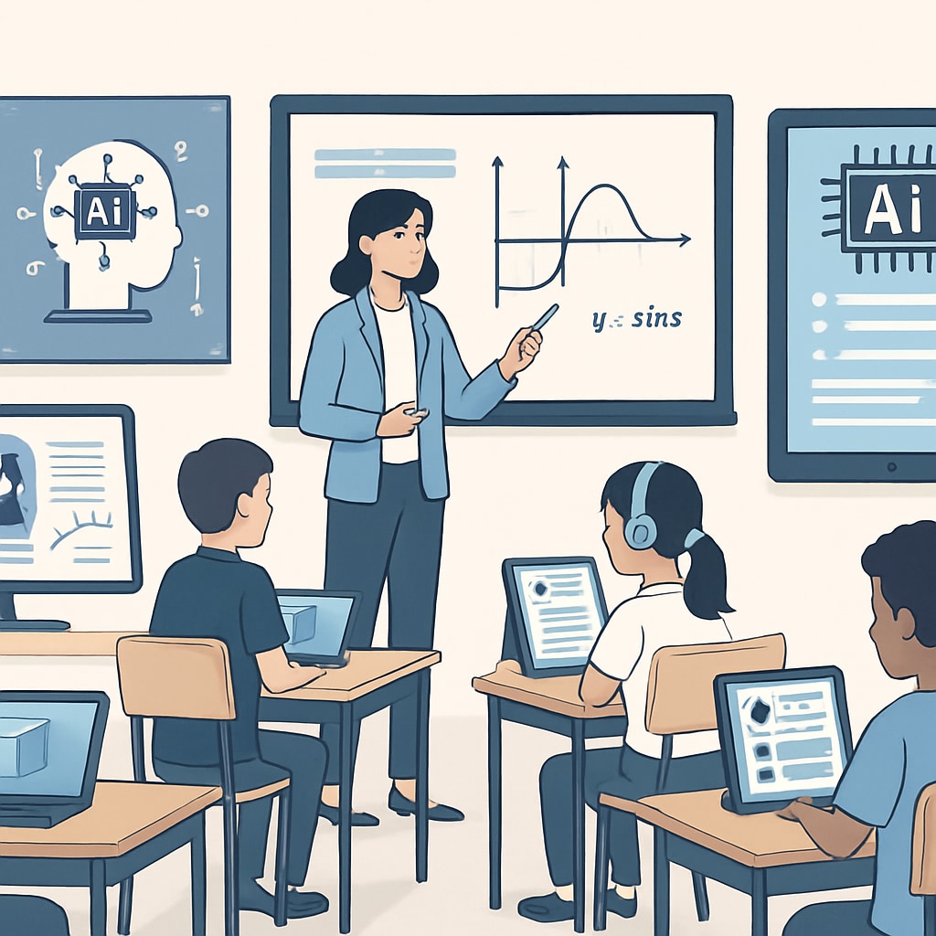 A classroom equipped with advanced AI-driven learning technologies, showcasing interactive tools and personalized learning algorithms. AI-driven classroom technology for personalized learning
