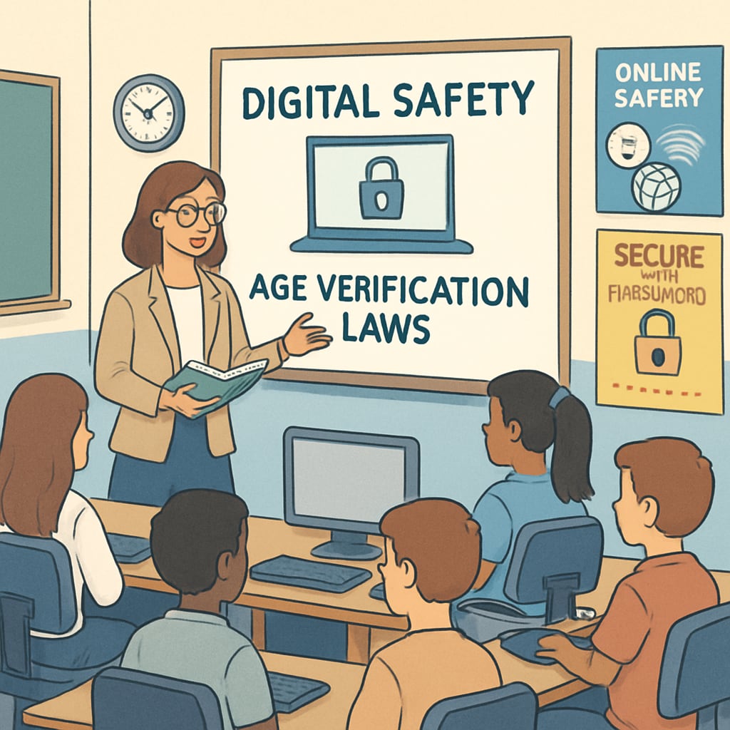 A classroom setting where a teacher is explaining digital safety and age verification laws to a group of students in a computer lab. Teacher explaining digital safety and age verification laws to students in the UK.