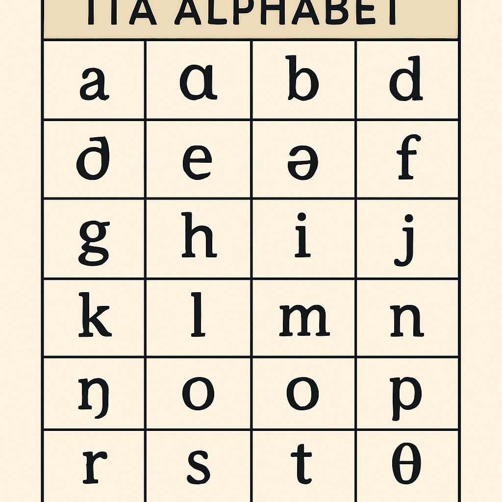 An example of an ITA alphabet chart with unique phonetic symbols. Initial Teaching Alphabet chart displaying phonetic symbols for English sounds.