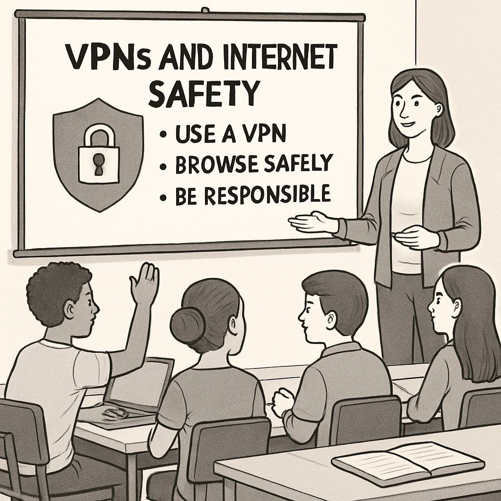 A group of students participating in a workshop about VPNs and internet safety, with a projector screen displaying key points about digital citizenship. Students in a workshop about VPNs and internet safety.