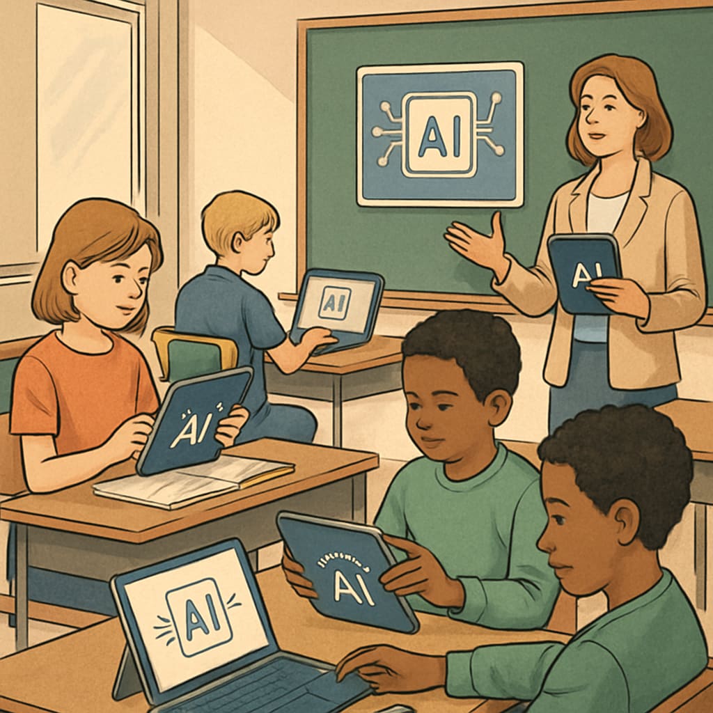 Students using AI-driven tablets and devices in a modern classroom setting, illustrating the integration of technology in K12 education. Students engaging with AI-powered devices in school education