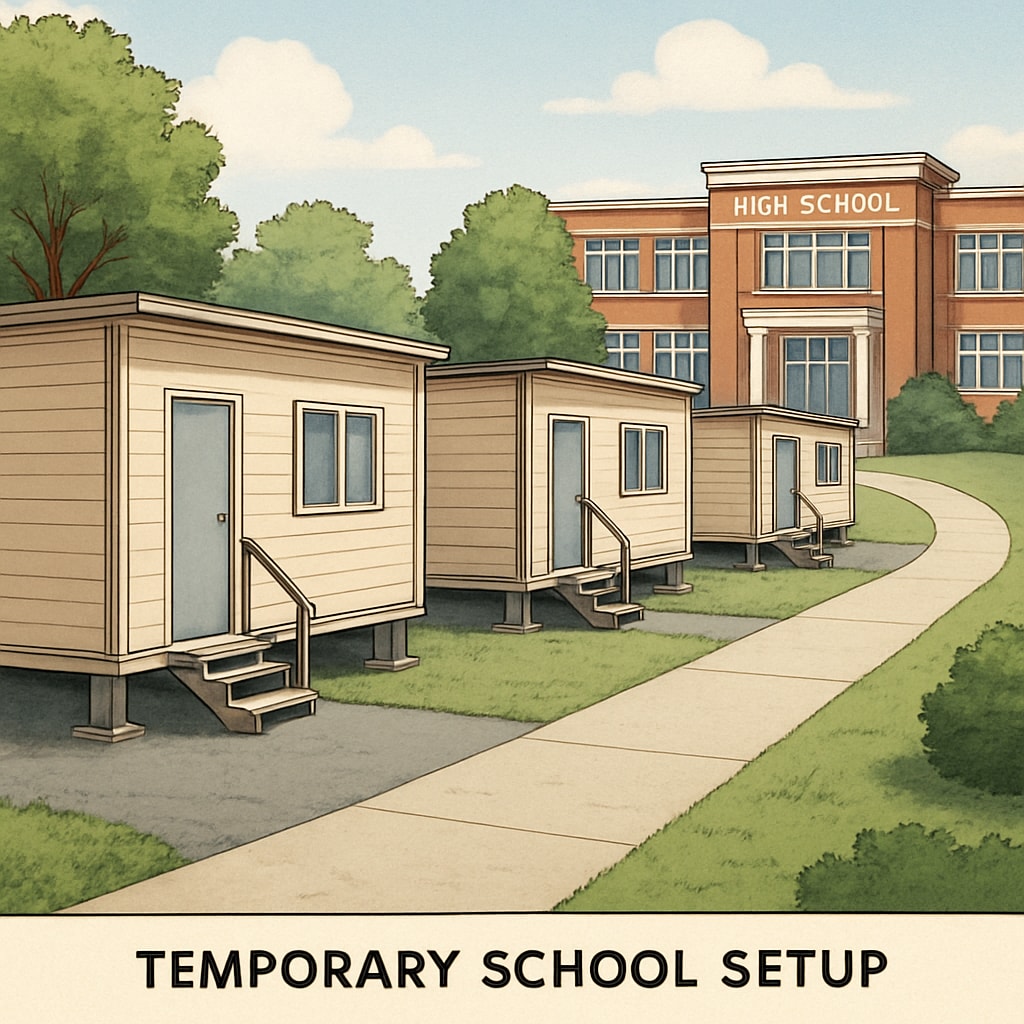 A temporary school setup showing trailer classrooms on a high school campus, emphasizing the contrast in facilities and environment. Temporary school environment showing trailer classrooms for elementary students.