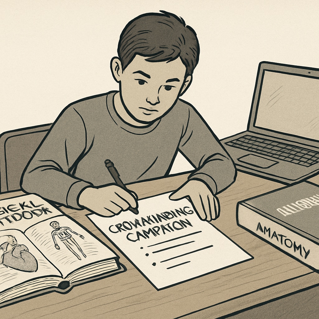 A young student sitting at a desk, surrounded by medical textbooks and a laptop, drafting a crowdfunding campaign. Medical student drafting a crowdfunding campaign with textbooks and a laptop.