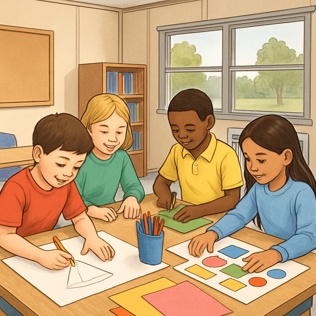Elementary students participating in creative group activities in a trailer classroom, demonstrating teamwork and engagement. Elementary students working together in a trailer classroom setting.