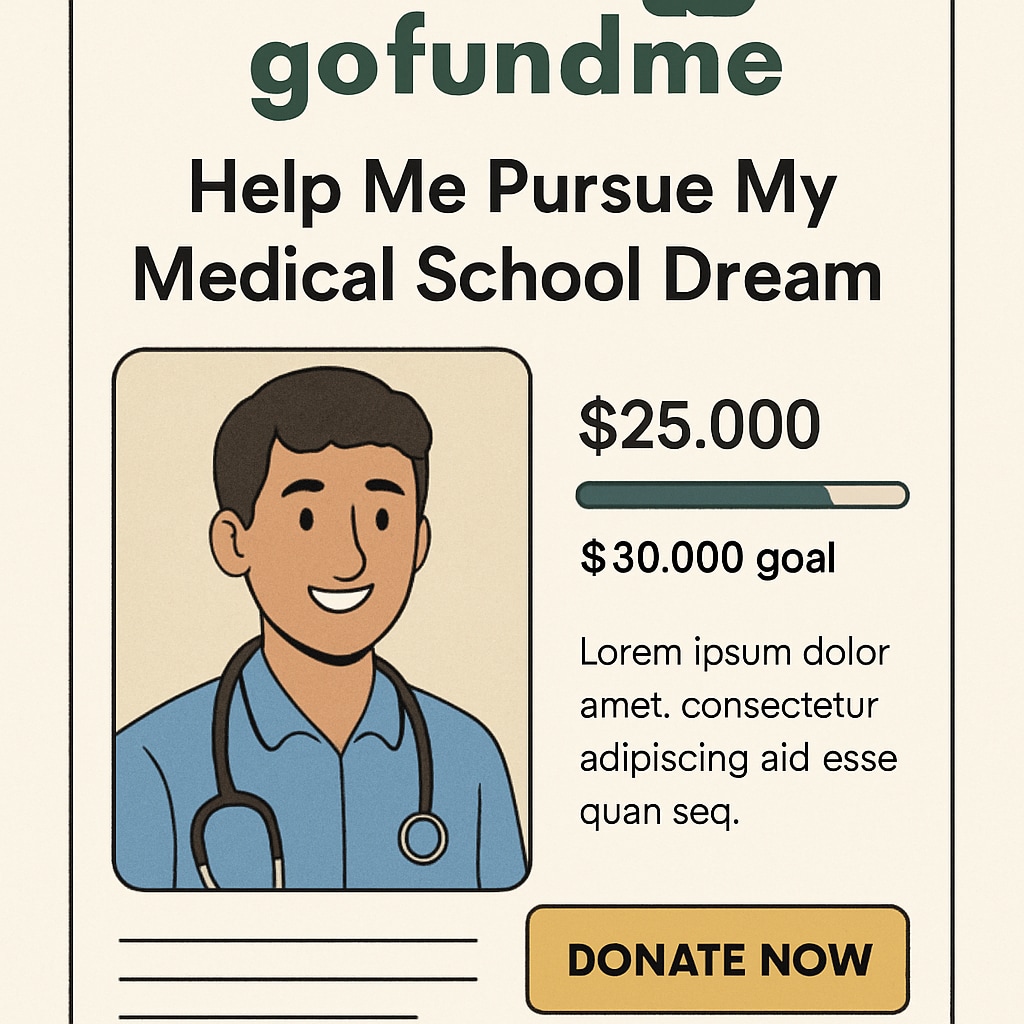 A screenshot of a GoFundMe campaign page, featuring a smiling student with a stethoscope and a headline about pursuing medical school dreams. GoFundMe campaign page for a medical student.