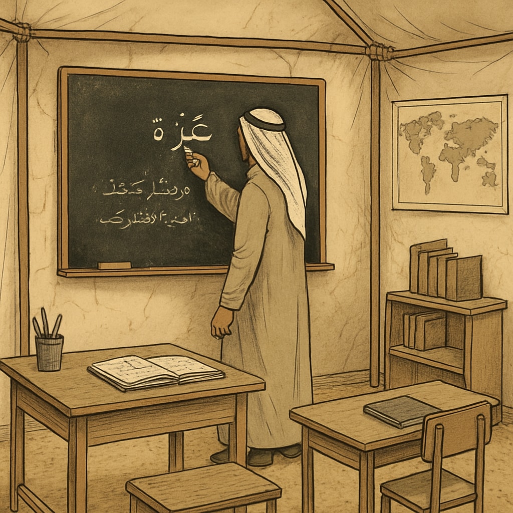 A teacher in Gaza writing on a blackboard in a temporary classroom, illustrating the resource challenges in conflict zones. Teacher in Gaza addressing students in a temporary classroom setup.