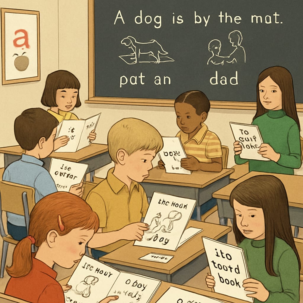 A classroom from the 1970s, showing children learning to read using ITA books and materials. A 1970s classroom where children are being taught with Initial Teaching Alphabet materials.