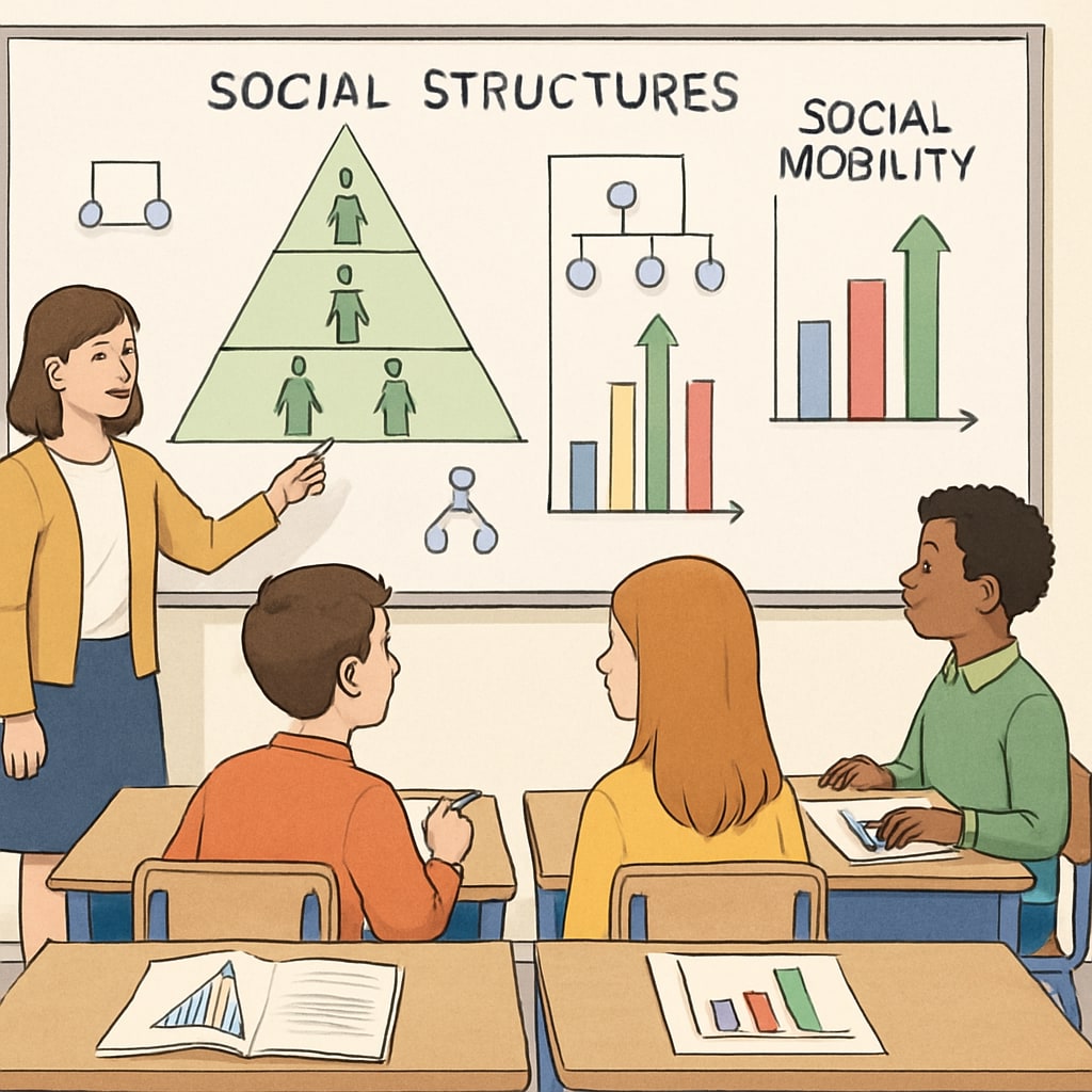 A classroom setting showing students studying social structures using charts and diagrams, emphasizing the exploration of social mobility. Students studying social mobility concepts in a classroom setting using visual aids.