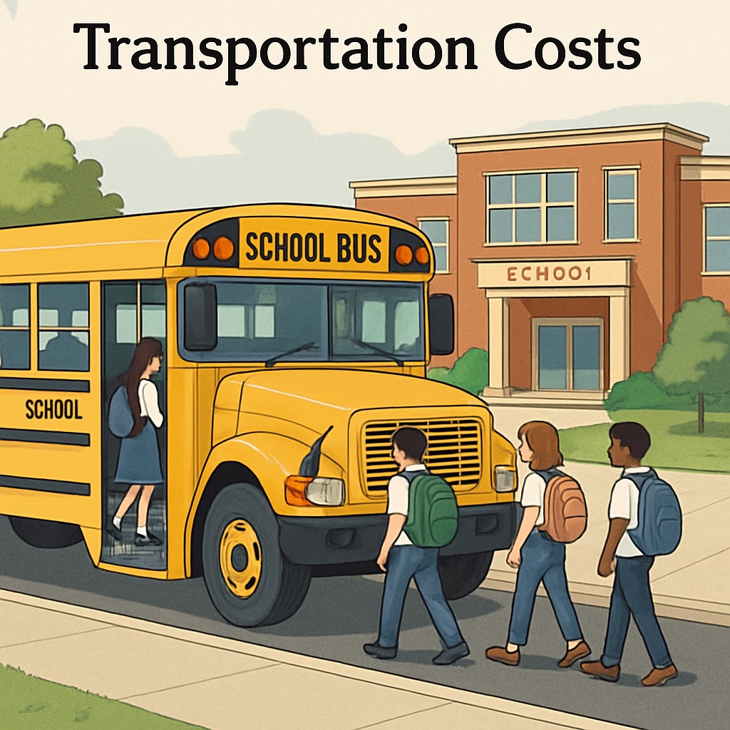A school bus with students boarding, symbolizing transportation costs in school budgets. A school bus representing transportation costs in educational spending.