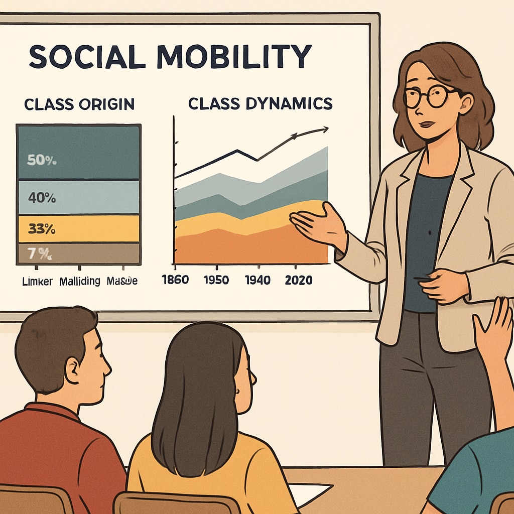 A teacher leading a discussion on historical social mobility trends, utilizing data visualization tools to illustrate class dynamics. Teacher discussing social mobility trends with students using graphs and historical examples.