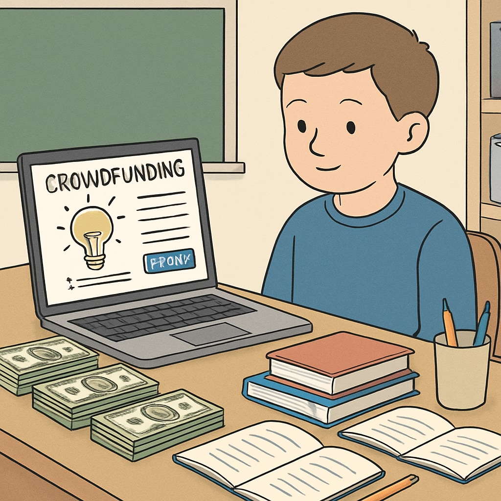 A student sitting at their desk, surrounded by bills and a laptop displaying a crowdfunding platform Student facing financial hardship looking at crowdfunding platform