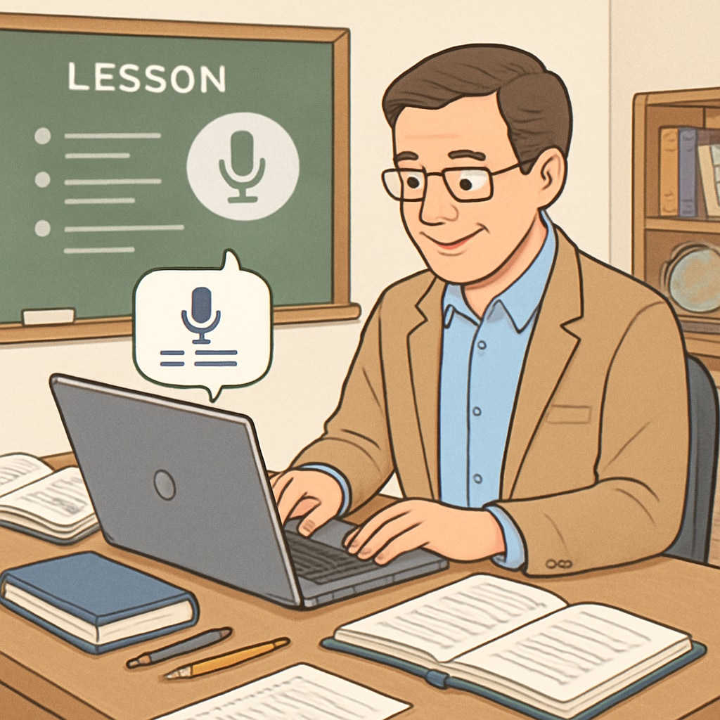 A teacher using a voice-to-text application on their laptop while preparing lesson notes. A teacher using voice-to-text technology like WillowVoice for lesson preparation.