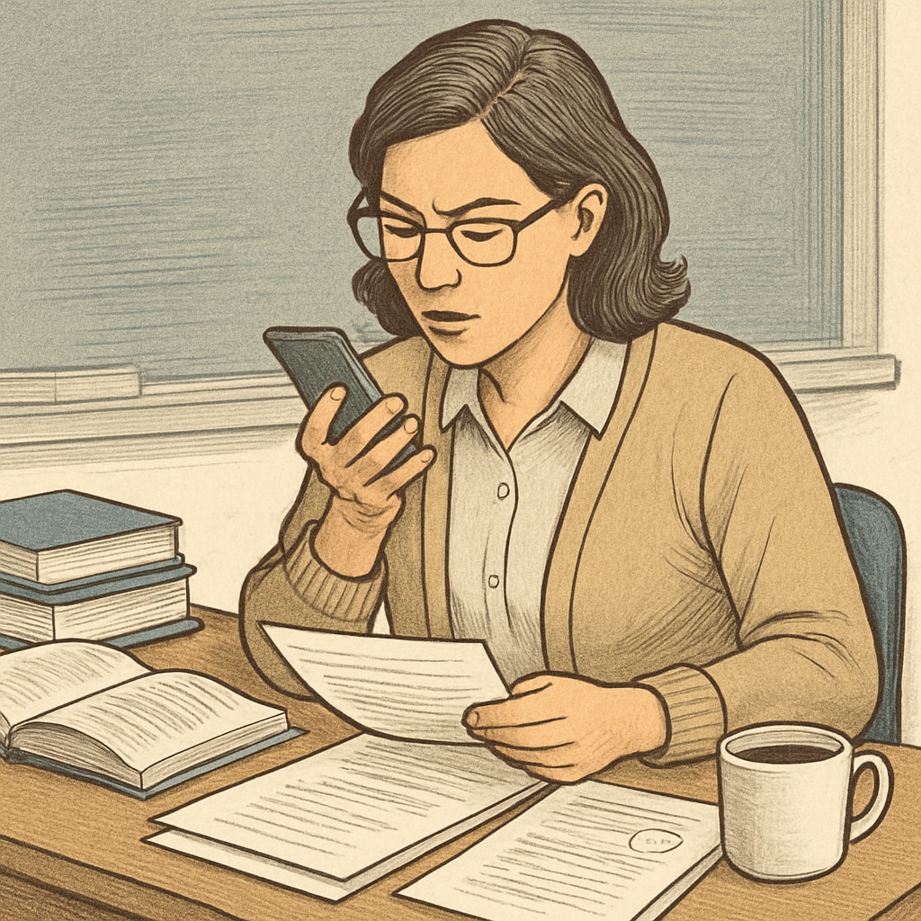 A teacher dictating feedback into a voice-to-text app while reviewing student assignments. A teacher leveraging WillowVoice to provide detailed feedback on student work.