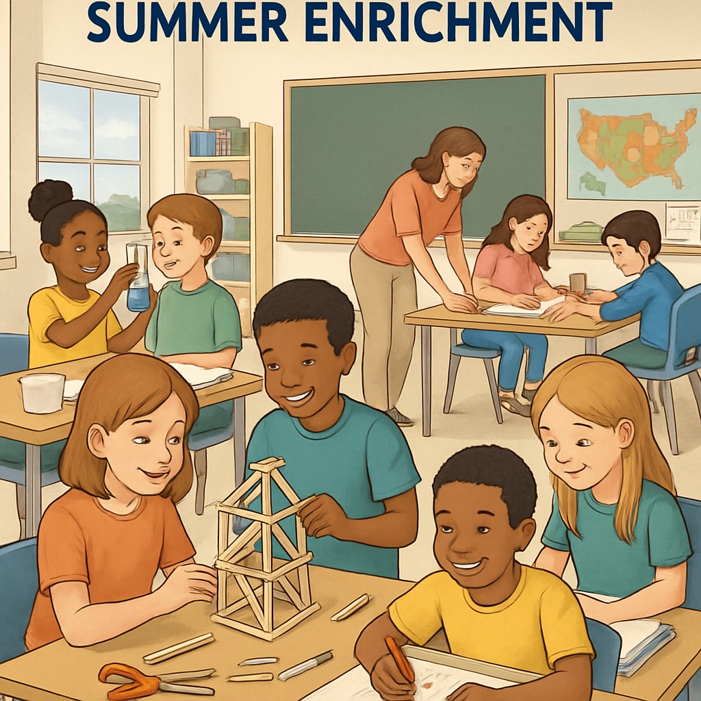 A classroom with students actively engaged in summer enrichment activities, illustrating the importance of experiential learning. This image emphasizes the benefits of summer programs within traditional schedules. Students participating in summer enrichment activities.