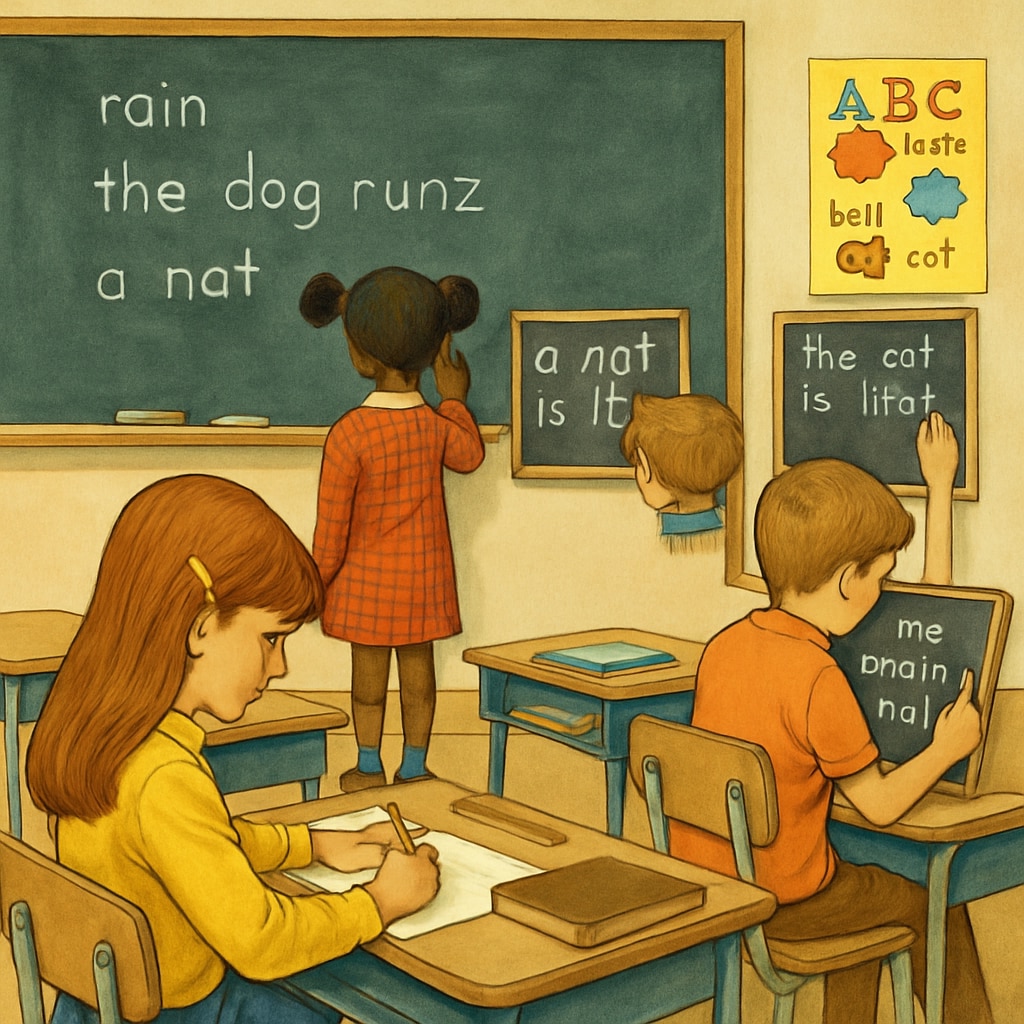 Classroom of children in the 70s learning the Initial Teaching Alphabet.