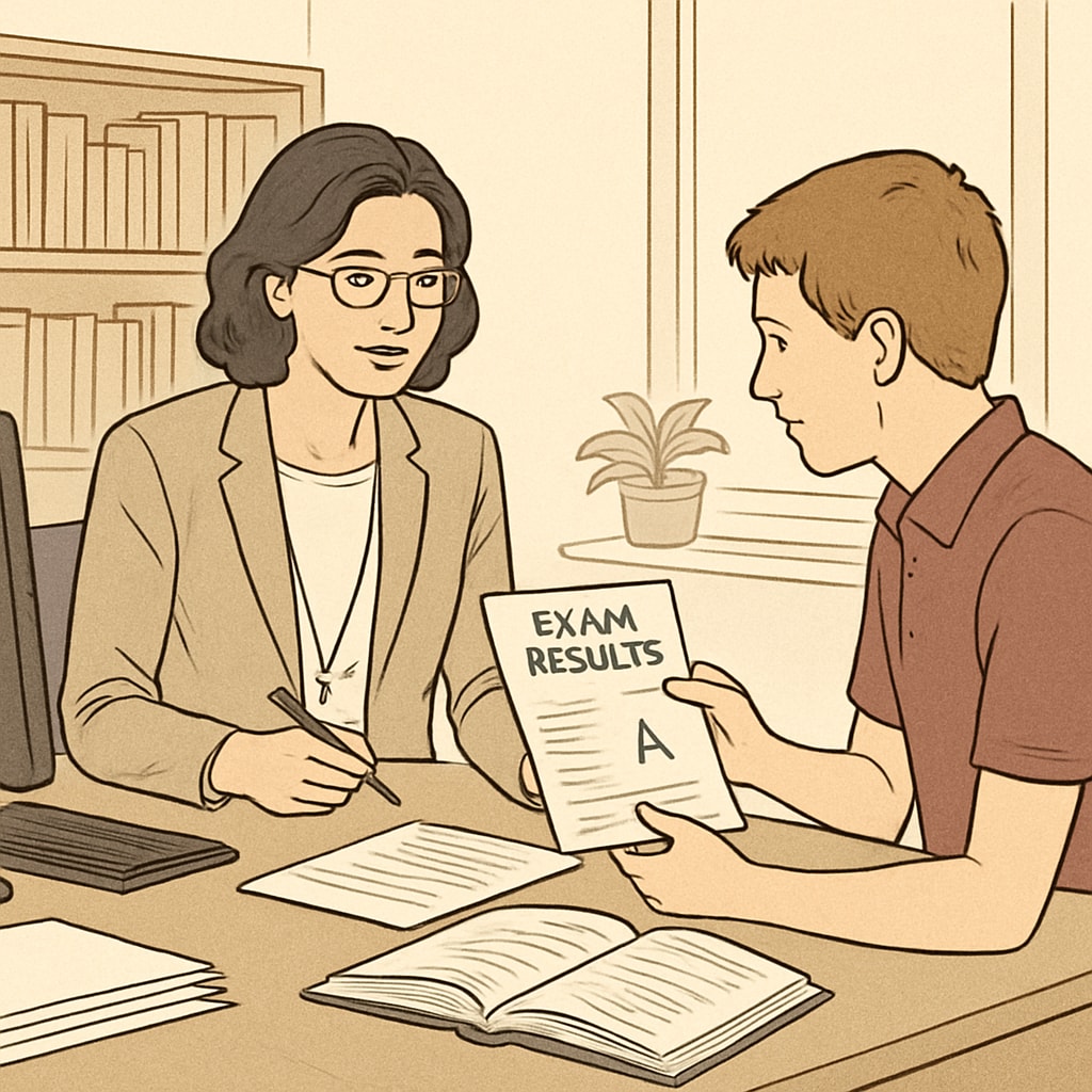 A student discussing A-level results and education choices with a counselor.