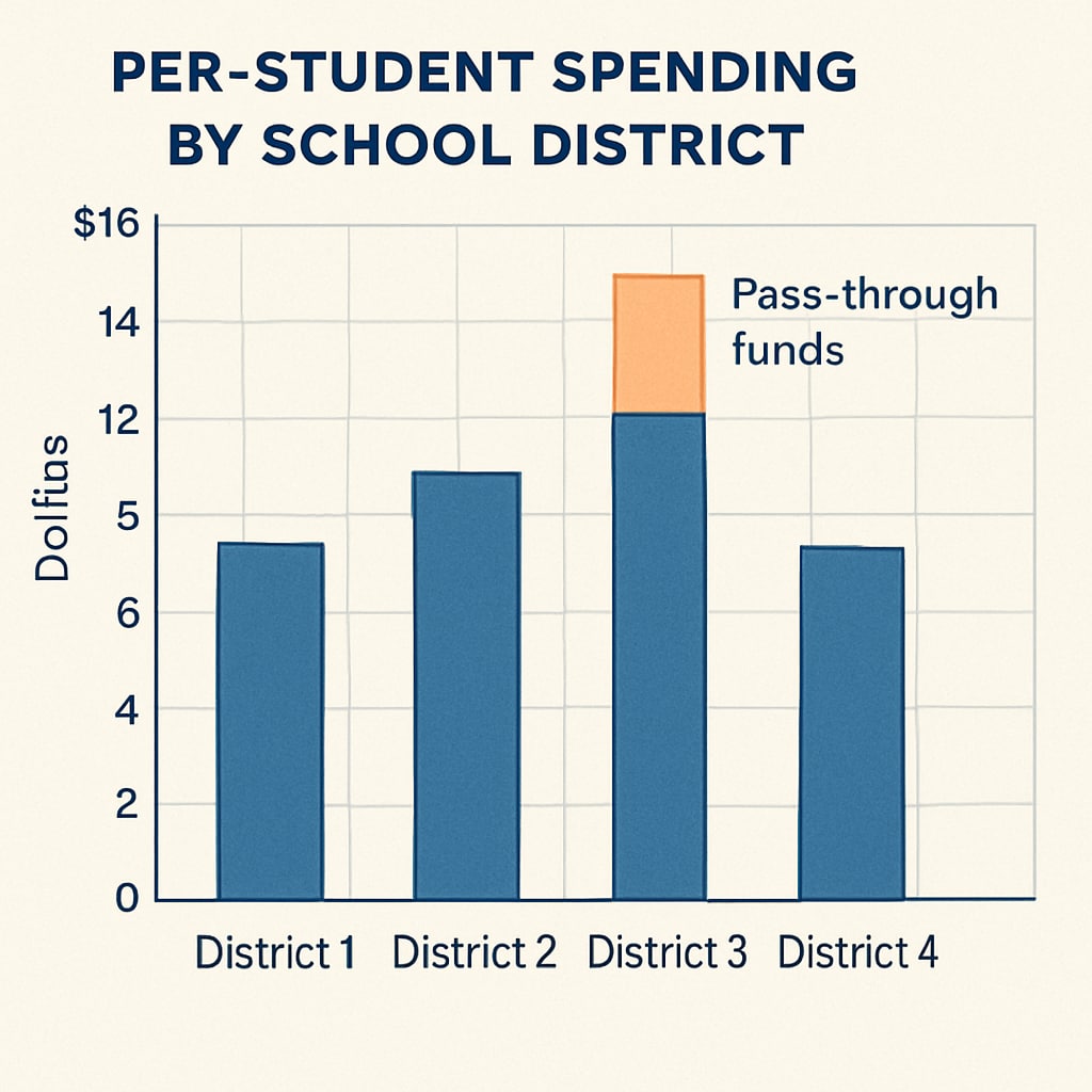 A bar graph illustrating the effect of pass-through funds on per-student spending metrics.