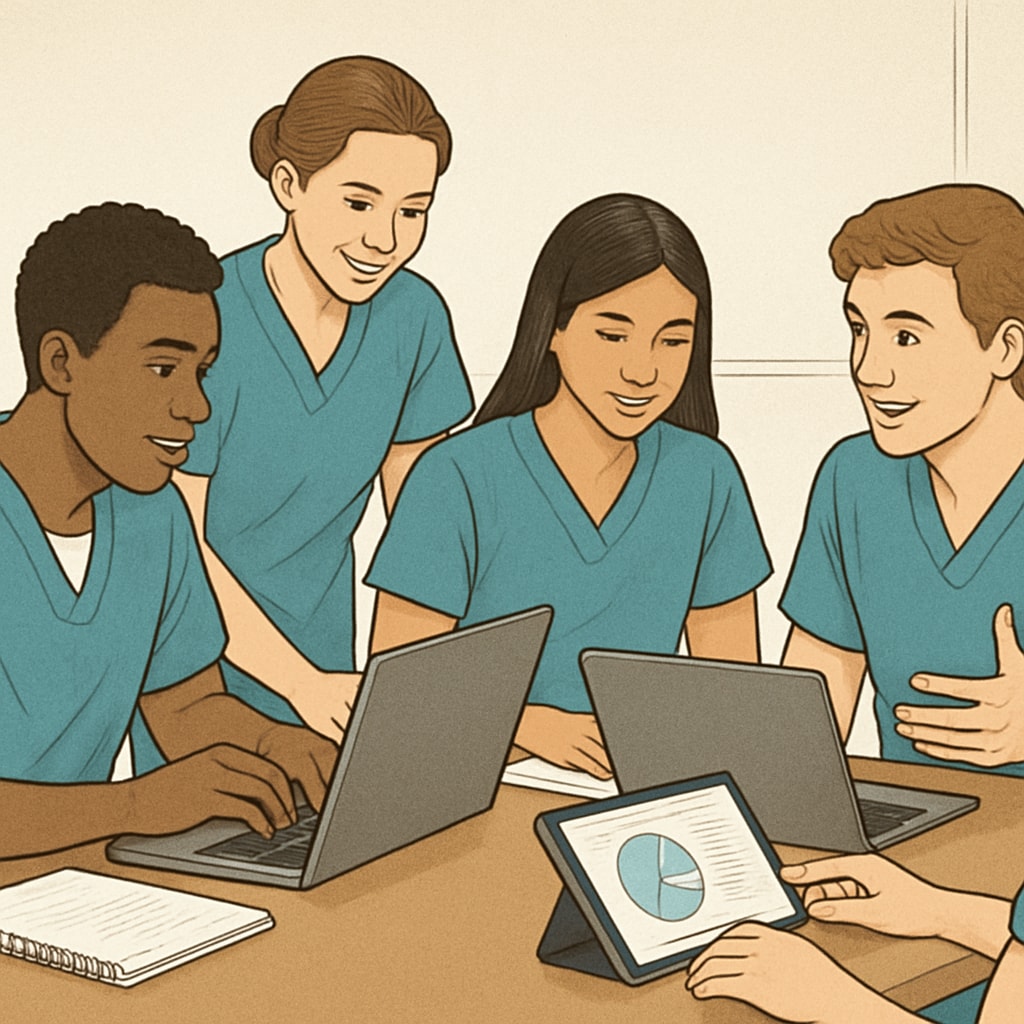 A group of nursing students collaborating in an online study session using laptops and digital tools. Nursing students in an online study group session with laptops and tools.