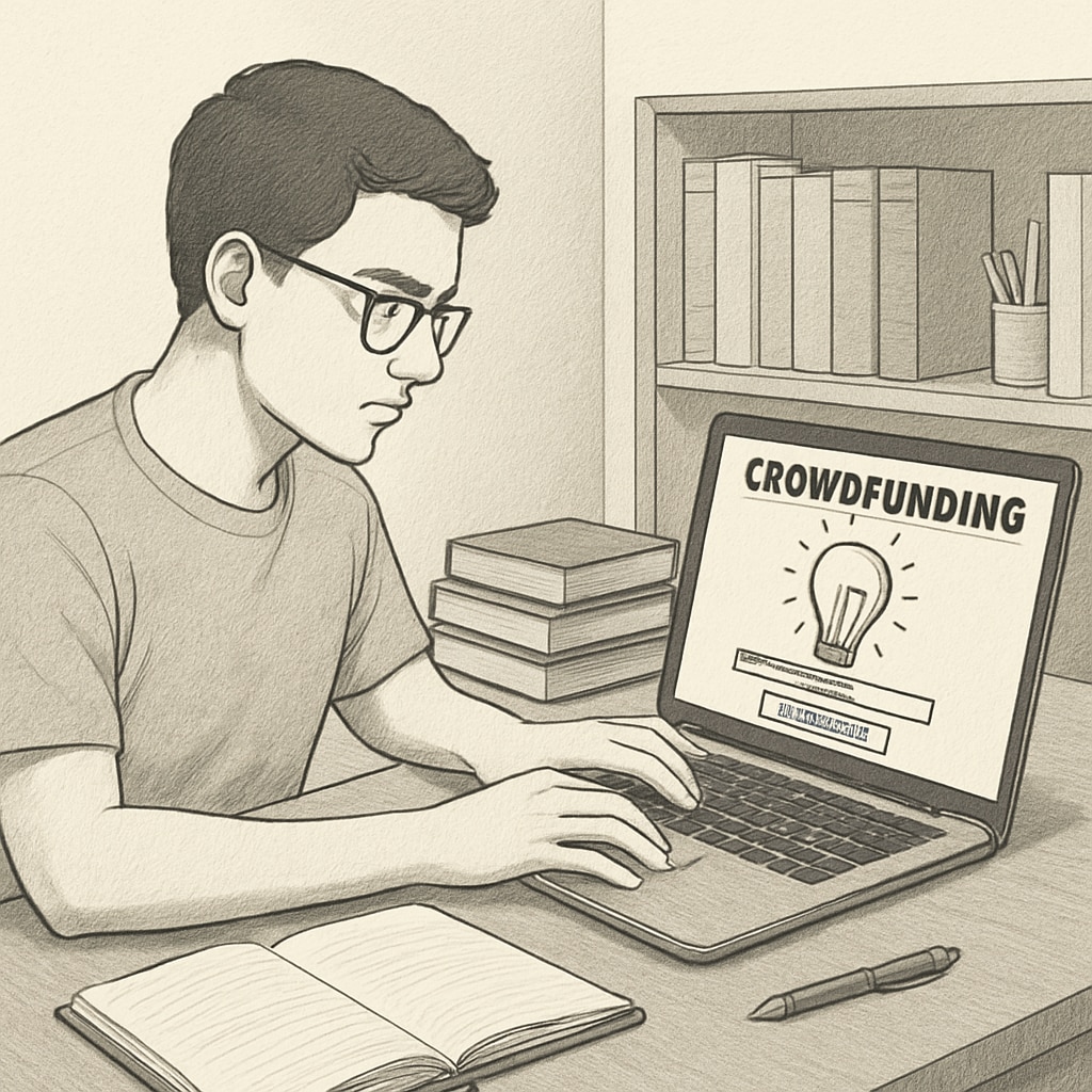 A college student typing on a laptop, setting up a crowdfunding campaign to fund their education. College student creating a crowdfunding campaign to pay for tuition fees.