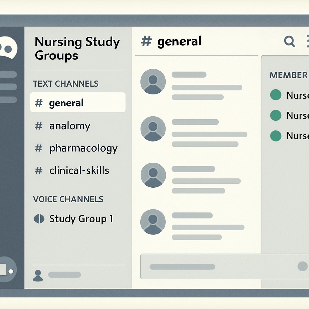 A snapshot of a Discord server showing organized channels for nursing study groups, including topics like anatomy, pharmacology, and clinical skills. Discord server for nursing study groups with specific channels for topics.