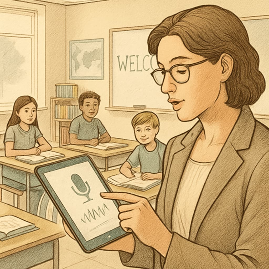 An educator using a voice-to-text tool on a tablet in a classroom setting. The image depicts how technology integrates seamlessly into teaching processes. Teacher using WillowVoice voice-to-text tool in a classroom to improve education efficiency and feedback.