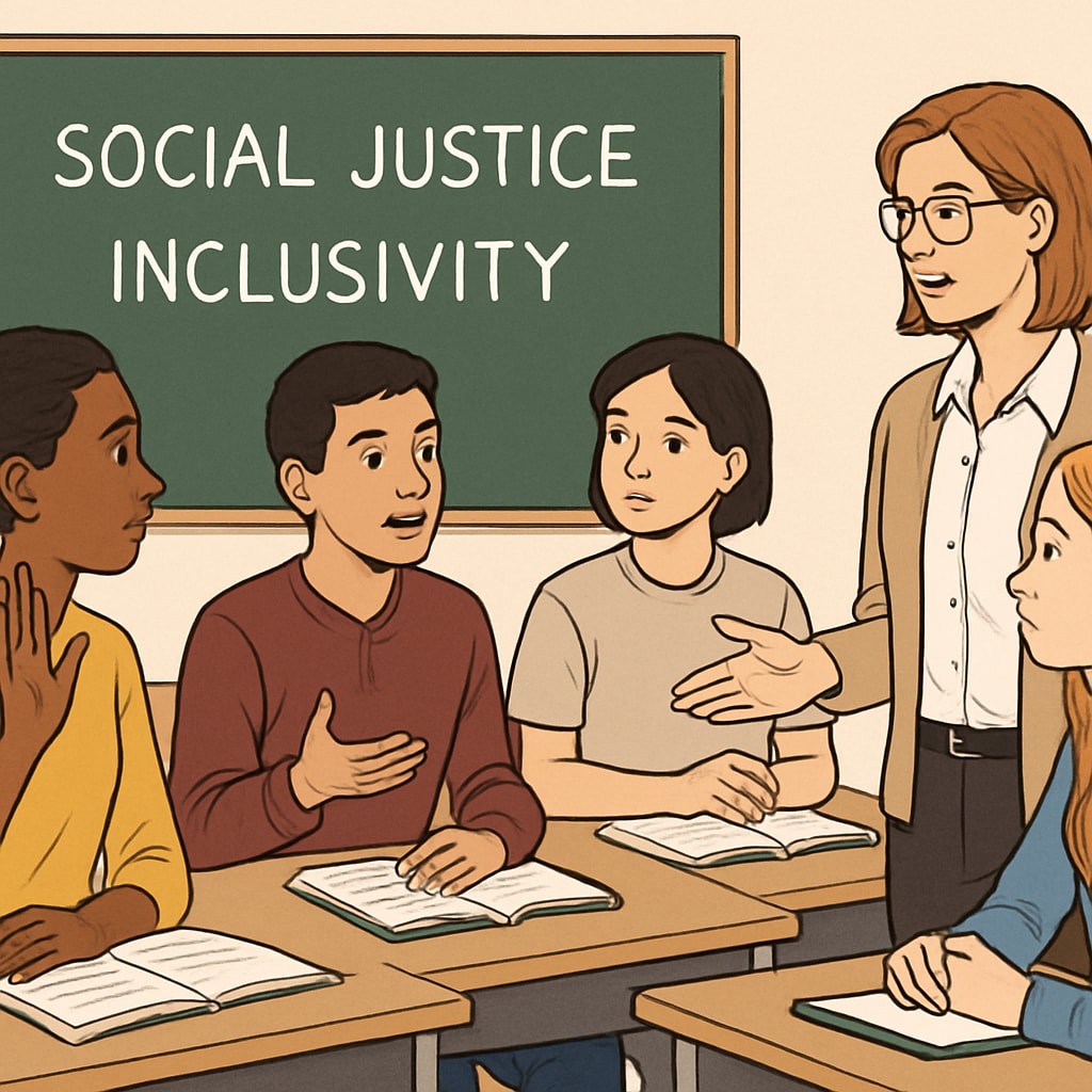 A classroom setting showing diverse students engaged in a discussion about social justice or inclusivity. Students discussing social justice and inclusivity in a classroom environment.