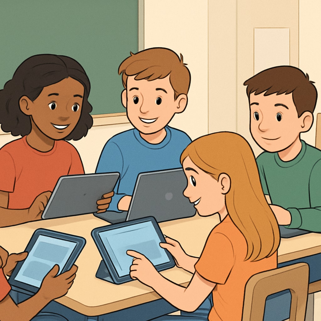 A group of K12 students interacting with digital devices during a collaborative activity. The image highlights how technology can be used for group learning and engagement. K12 students using digital tools for collaborative learning, supported by voice-to-text technology like WillowVoice.