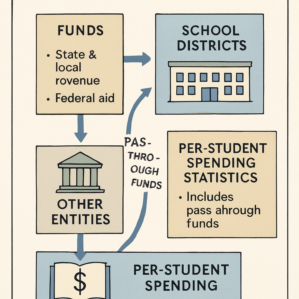 A detailed chart illustrating how pass-through funds move through school budgets, highlighting their impact on per-student spending statistics. Chart showing the impact of pass-through funds on per-student spending in school budgets.