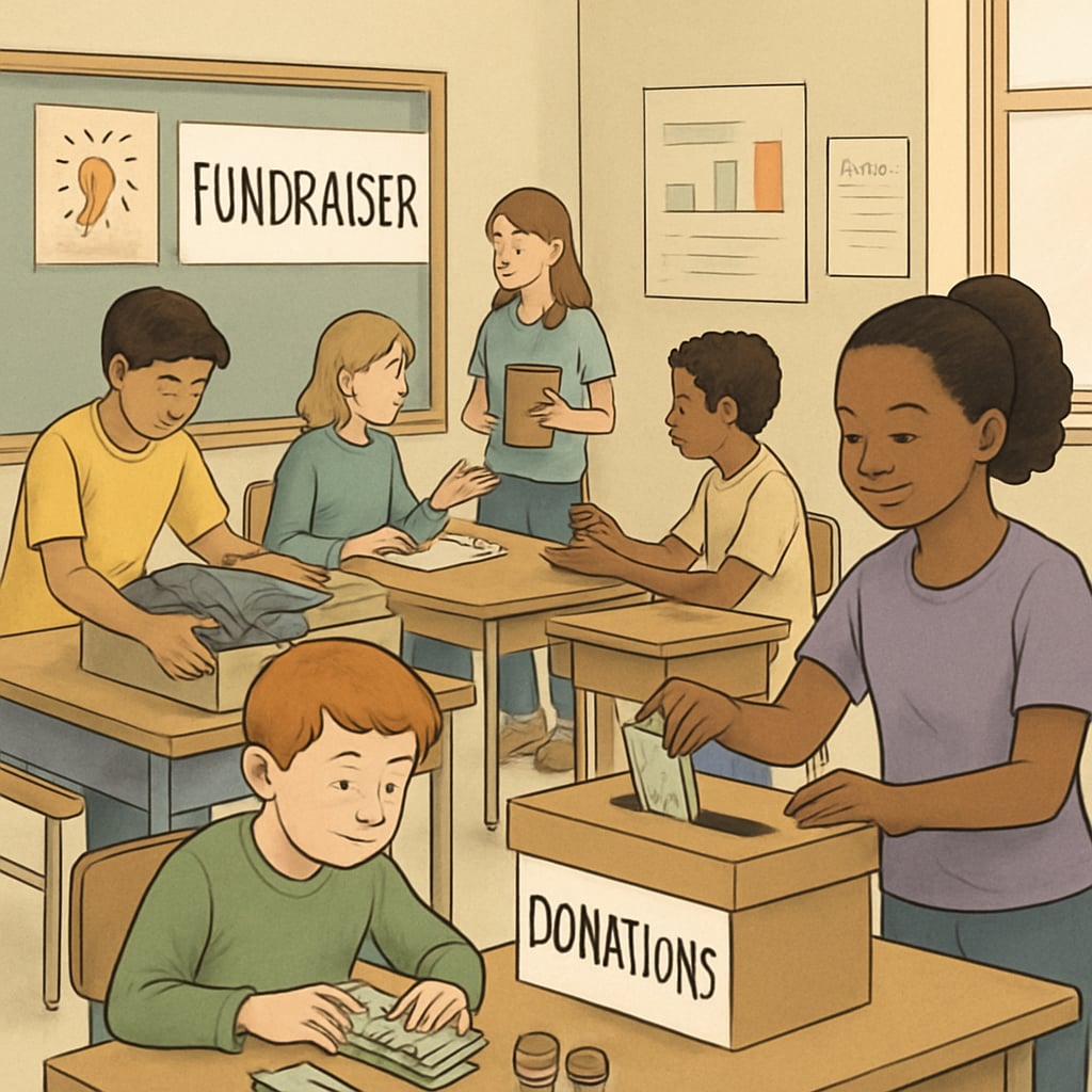 A classroom fundraiser event where students are participating, showing visible differences in involvement based on economic status. School fundraiser event highlighting economic disparities among students.