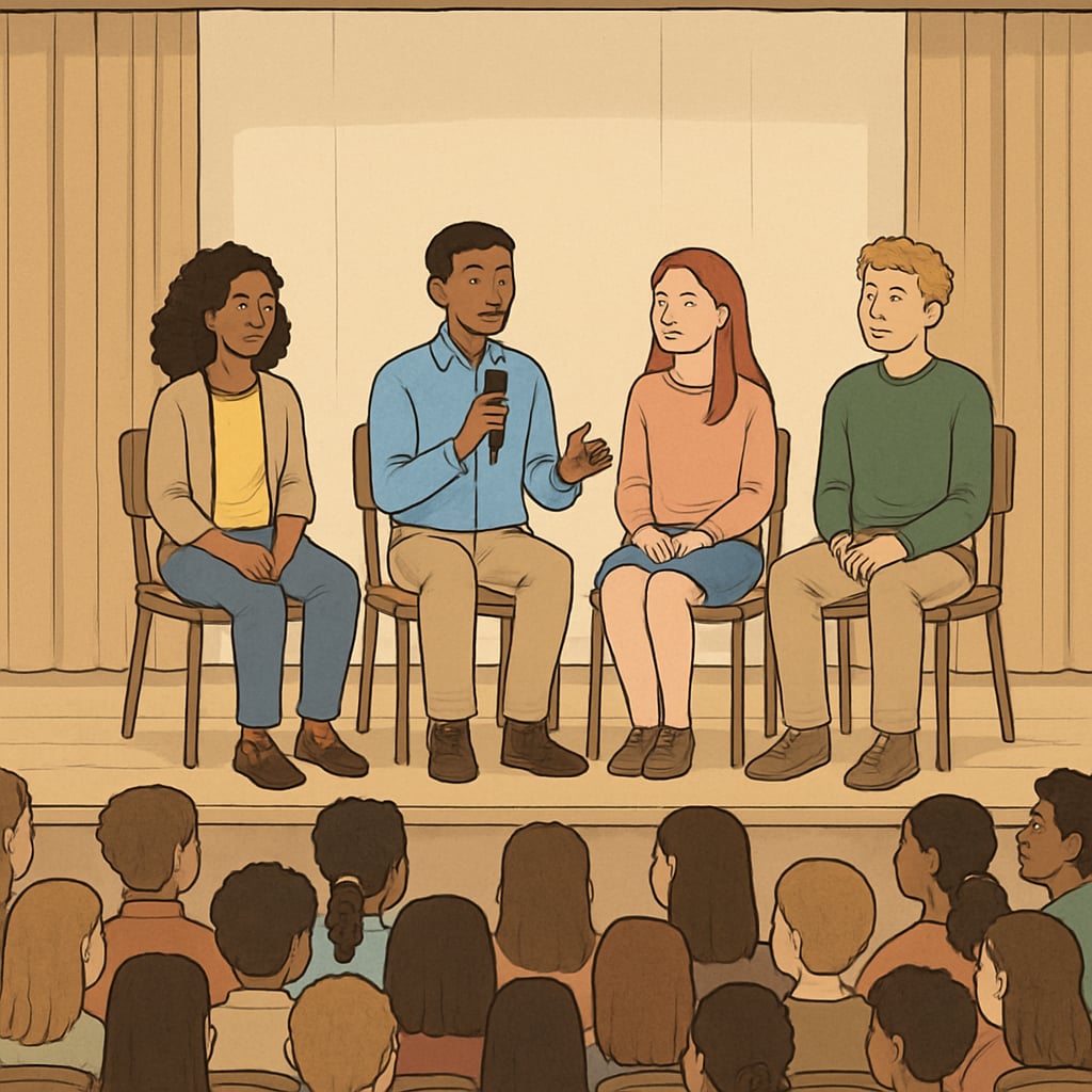 A student panel discussion in a school auditorium, showcasing students sharing their diverse perspectives. Students sharing their perspectives during a panel discussion in school.