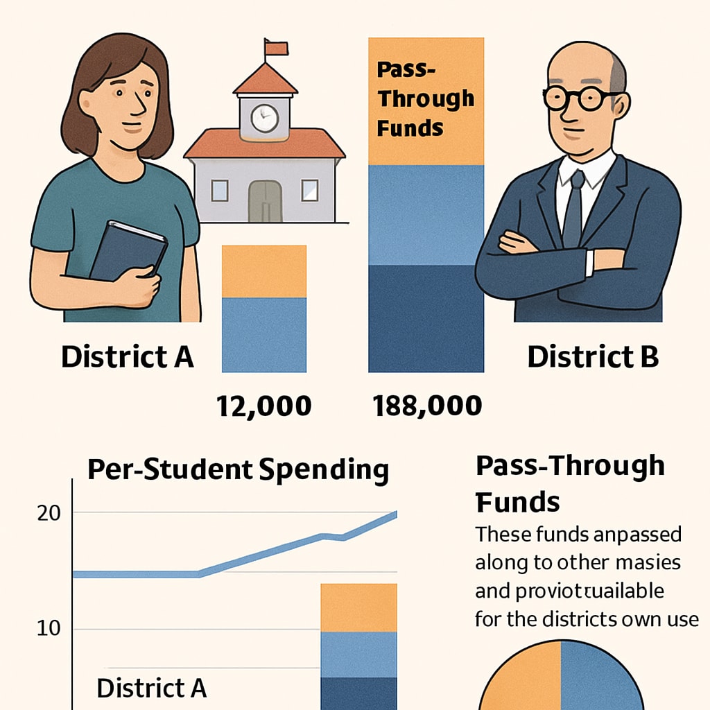 An infographic comparing two school districts’ per-student spending, highlighting the role of pass-through funds in inflating one district’s figures. Infographic showing the role of pass-through funds in distorting per-student spending statistics.