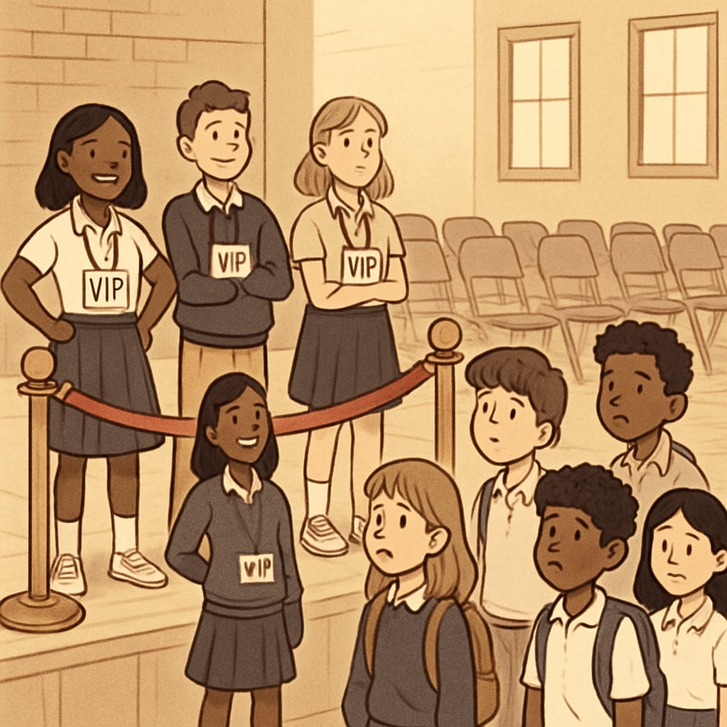 An exclusive school event where certain students have VIP access while others are visibly excluded. Economic disparity illustrated at a school event with VIP privileges for donors.