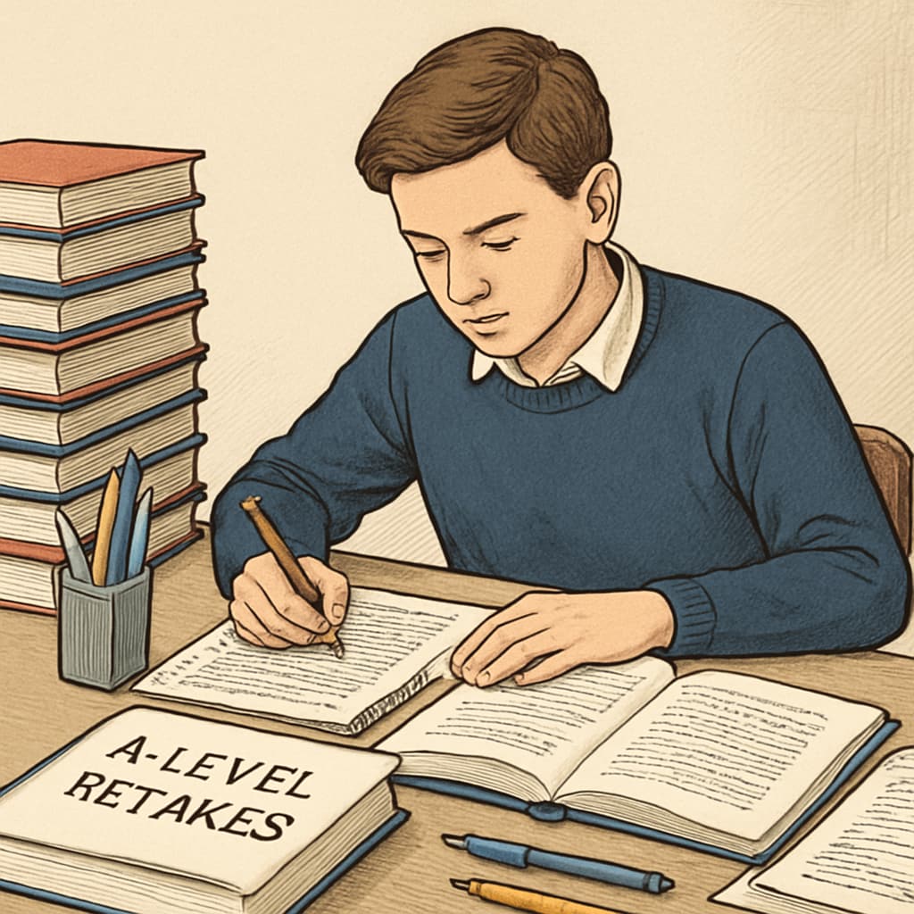 A student revises for A-Level retakes with a stack of books and notes. A student preparing for A-Level retakes.