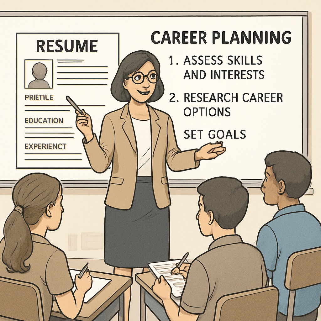 A teacher guiding students on how to create resumes and develop career plans, symbolizing the importance of early career planning. Teacher helping students with resume building, Canada resume help focus.