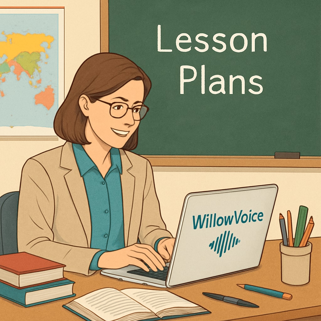 A teacher using WillowVoice voice recognition software to prepare lesson plans on a laptop in a classroom setting. A teacher utilizing voice recognition software to design lesson plans in a classroom.
