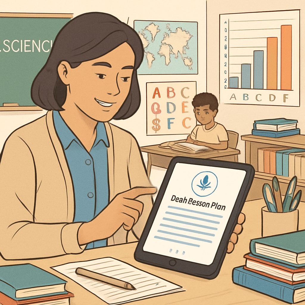 A teacher using speech-to-text software on a tablet to draft lesson plans in a classroom setting. Teacher drafting lesson plans using speech-to-text technology for education efficiency.