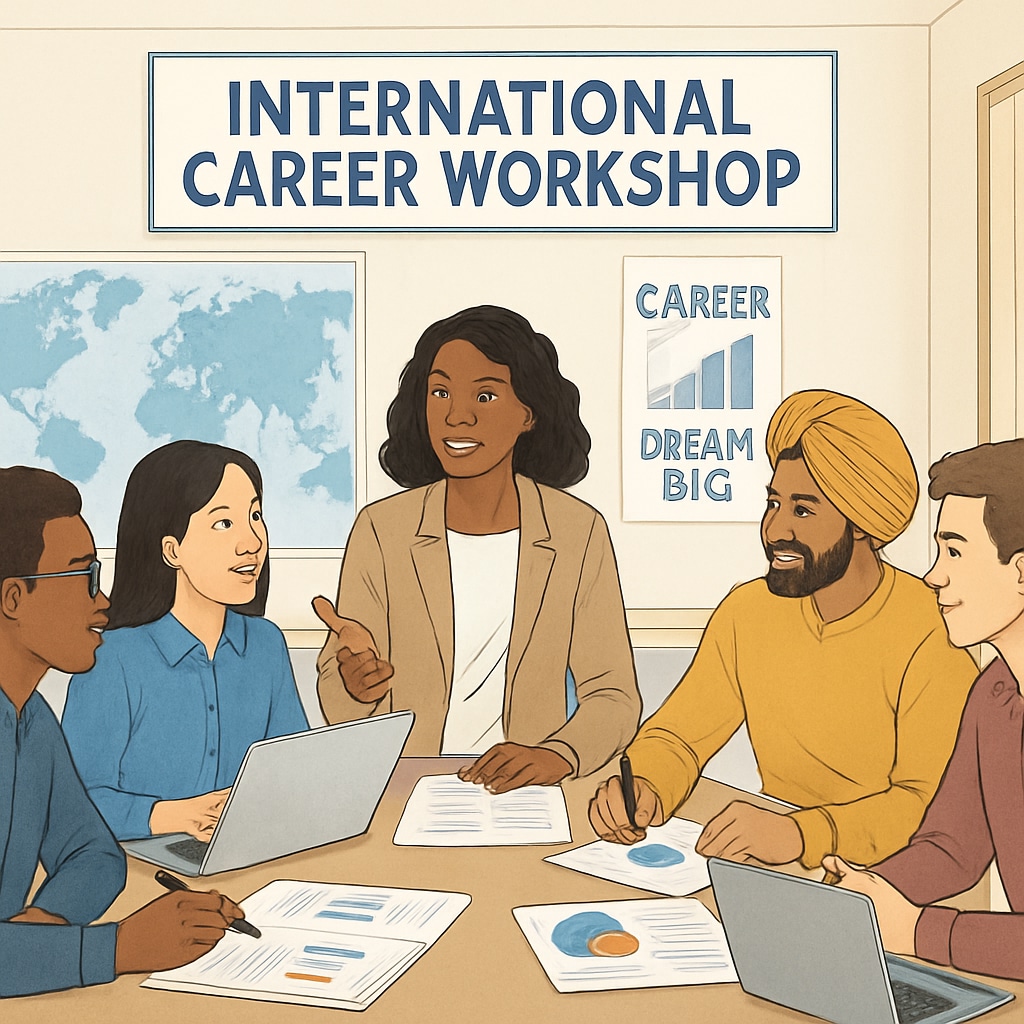 A diverse group of students participating in an international career workshop, emphasizing the importance of global perspectives. Students in a career workshop, discussing global opportunities.