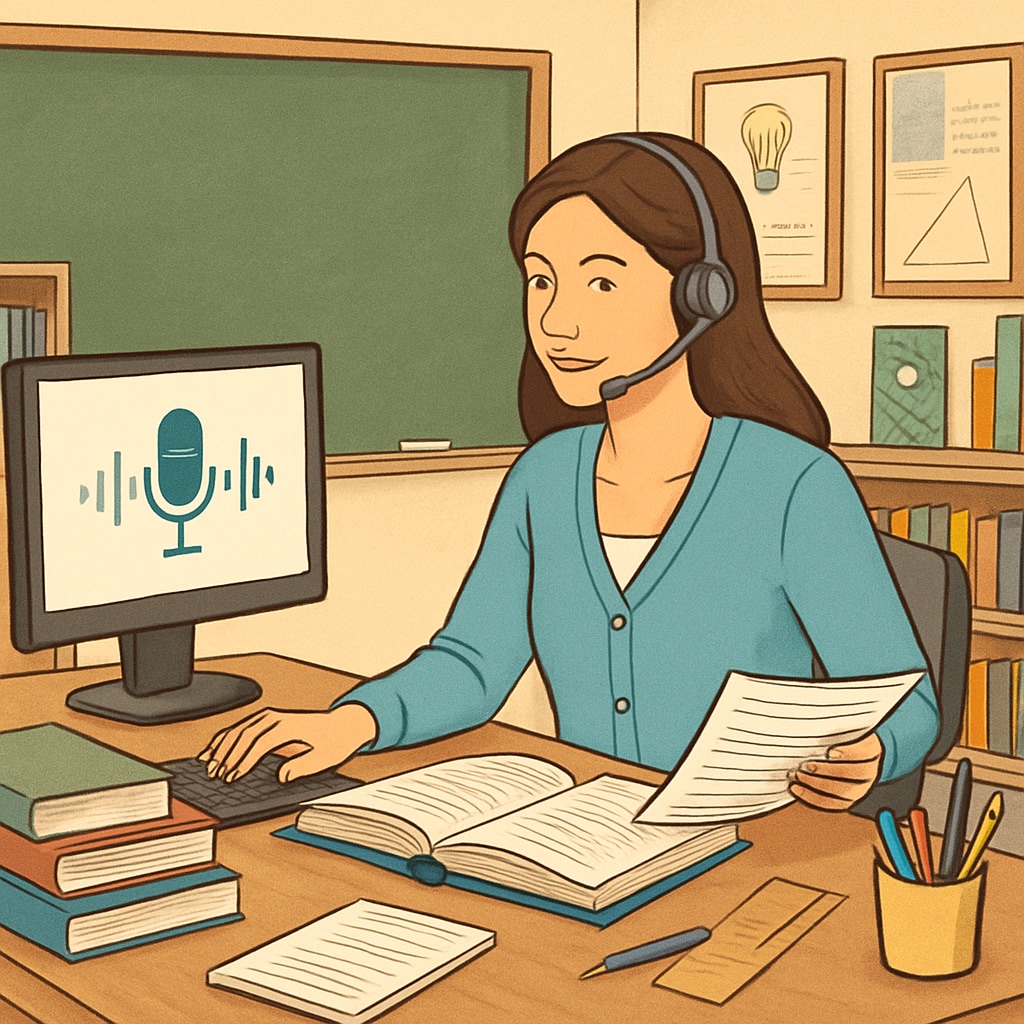 A teacher multitasking using voice recognition software while organizing classroom materials. A teacher employing voice recognition software to manage classroom tasks efficiently.