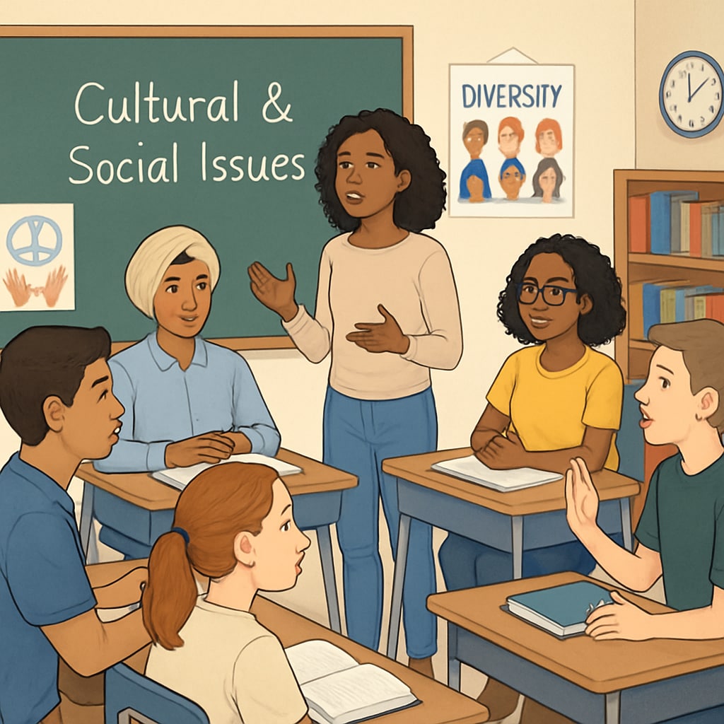 A classroom discussion with students debating cultural and social issues, focusing on inclusivity and awareness. Students discussing wokeness and social issues in a classroom setting.