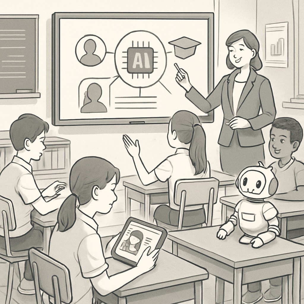 A classroom setting where students interact with AI-powered learning tools, representing the integration of AI in education. AI in education improving competitive exam fairness and talent selection