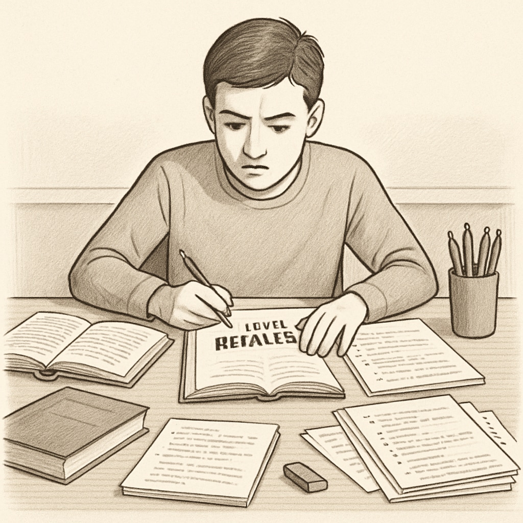 A student revising for A-level retakes with books and notes spread on a desk. This image highlights the effort and focus required for exam preparation. A student studying for A-level retakes with open books and notes on a desk