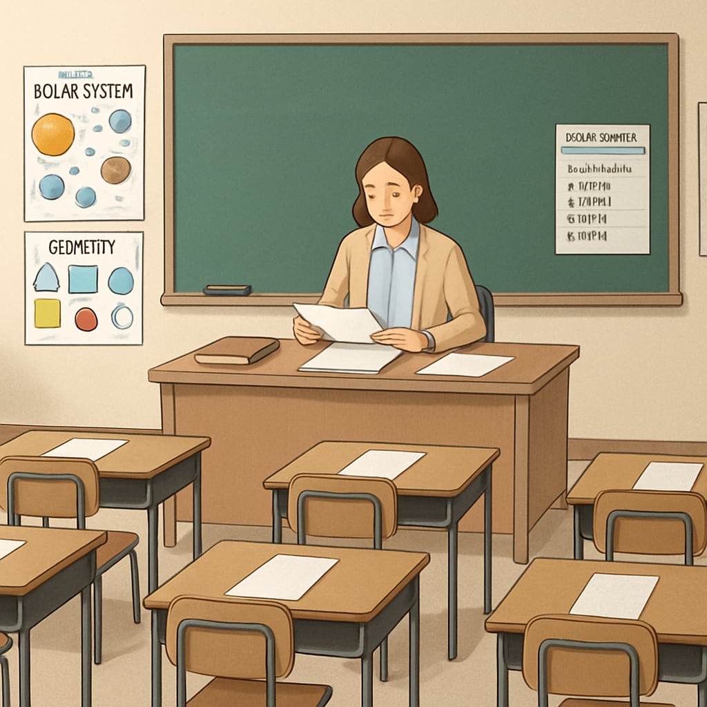 A calm classroom environment with a teacher preparing for an exam, symbolizing focus and preparation. Classroom preparation for OAE, reducing exam anxiety and focusing on study resources.