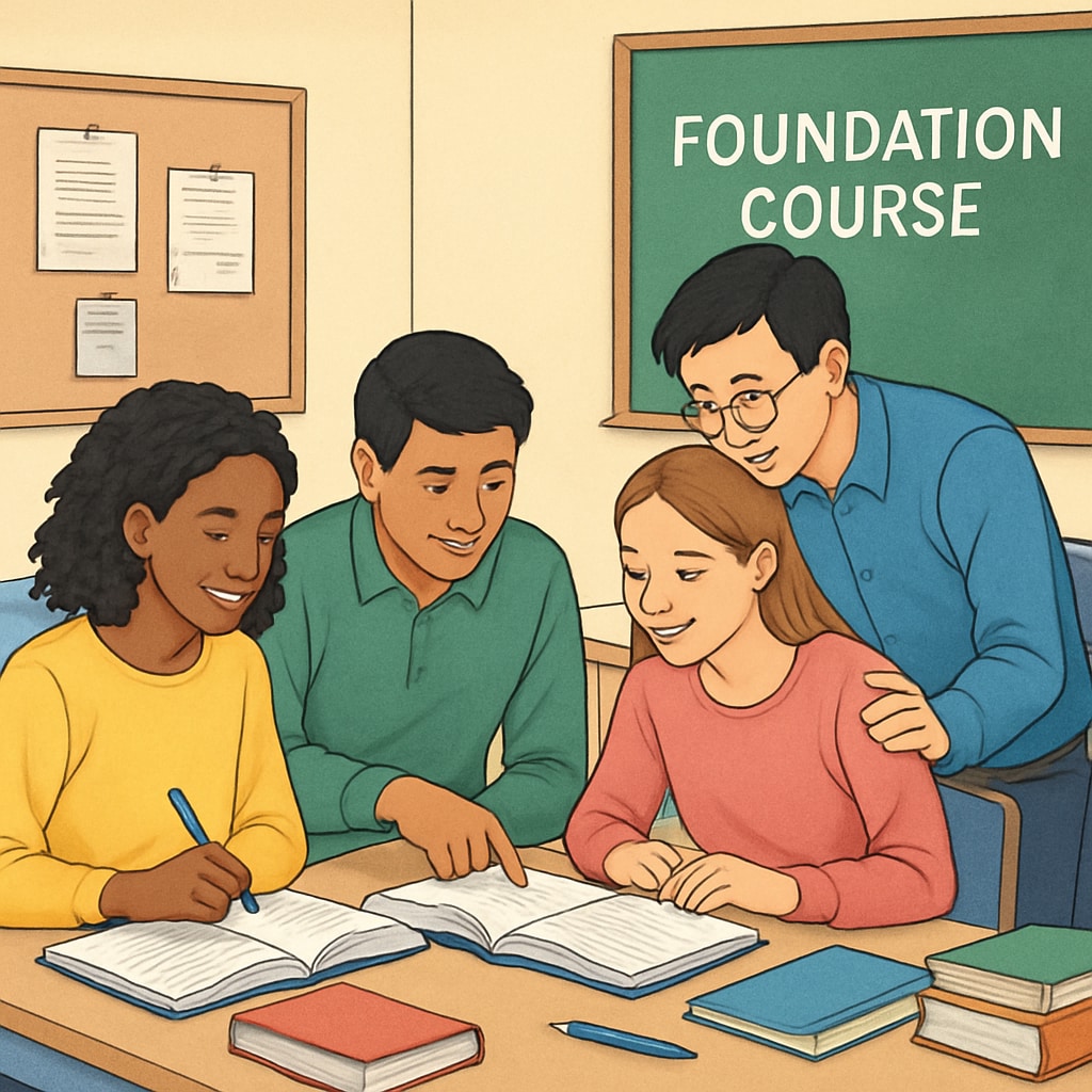 A diverse group of students working together in a foundation course classroom. This image emphasizes collaboration and support provided in foundation programs. Students collaborating in a foundation course classroom