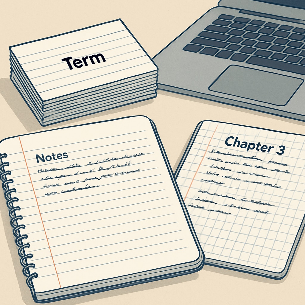 A close-up of study materials, including flashcards, notebooks, and a laptop, representing effective preparation tools. Study resources for OAE preparation, including flashcards and notebooks.