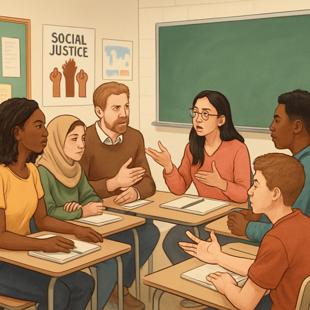 A classroom discussion on social justice topics among diverse students, illustrating the concept of Students engaging in a group discussion on social justice in a classroom environment.